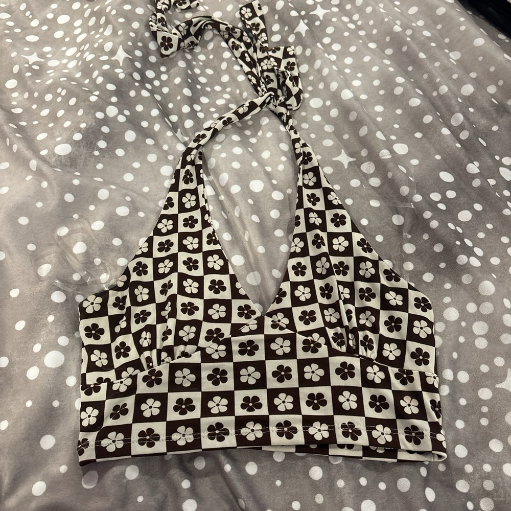 RSQ Brown and White Crop Halter Tank Top